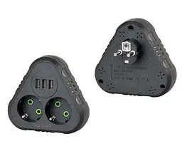 Розетка двойник с заземлением Voltronic F-202 Black, 2 розетки+3USB (1А), 2500W, 10A, 110-250V - мініатюра 1