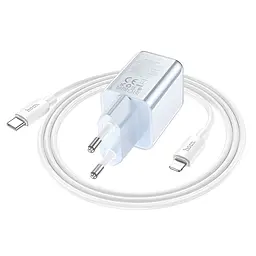 МЗП Hoco N46 Glorious PD20W+QC3.0 (1USB-A/1C) + кабель Type-C to Lightning Blue - мініатюра 4