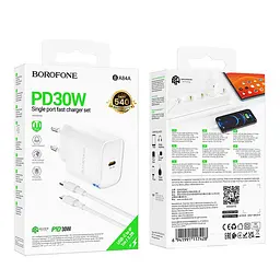 Мережевий зарядний пристрій Borofone BA84A Single port fast charger set 1USB-C PD/QC 30W Type-C to Lightning 1 м White (36178_3606877) - мініатюра 2