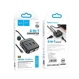 Hub адаптер Hoco Easy link 6 in 1 мultiport Adapter HB37 HDTV + RJ45 + USB3.0+USB2.0x2 + PD100W - мініатюра 2