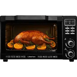 Електродуховка Liberton LEO-501E Black, 2000W, 50л, 70-250 °C, 3 режими приготування, конвекція, підсвічування, гриль, деко, тримач для деки та рожна, піддон для жиру, рожен