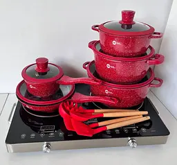 Набір круглих каструль і силіконового приладдя Higher Kitchen червоний, чорний HK-316