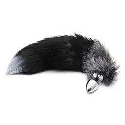 Металева анальна пробка Лисячий хвіст Alive Black And White Fox Tail M, діаметр 3,4 см - мініатюра 2