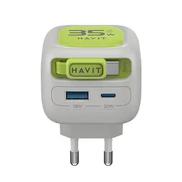 Зарядний пристрій HAVIT UC251 GaN 35W USB-A+USB-C +Кабель USB-C Gray/Green HAVIT (29276-000) - мініатюра 2