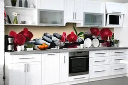 Вініловий кухонний фартух Червоні Орхідеї на камінні наклейка для кухні ПВХ Квіти Бежевий Happy Pocket Z181583 - мініатюра 2
