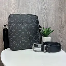 Набір сумка планшет чоловіча через плече чорна та шкіряний ремінь