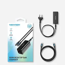 Мережевий зарядний пристрій з кабелем Vention 4-Port USB (C + C + A + A) GaN Charger (100W/100W/18W/18W) EU-Plug чорний - мініатюра 2