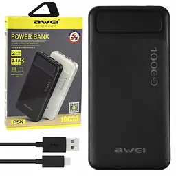 Зовнішній акумулятор Power Bank Awei P5K, 10000 мА·год, 2 USB виходи, швидка зарядка, чорний - мініатюра 2