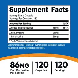 Цинк карнозин Nutricost 86 мг 120 капсул - мініатюра 3