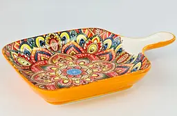 Салатник керамічний з ручкою квадр. 23x16x3 см Мальований жовтий