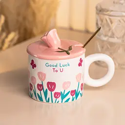 Чашка керамічна Happy Life Tulips з кришкою та ложкою блакитна 300 мл HP7190P - мініатюра 2