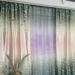 Атласні штори з квітами бірюзового кольору 150х270 з тюлистом батистовим 400х270 на тасьме ALBO pbe0052731 - мініатюра 7