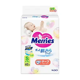 Підгузки Merries розмір S (4-8 кг) 62 шт (4901301437709)