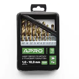 Набір свердел по металу Apro Р6М5 металевий бокс 1,0-10,0 мм 19 шт.  титанове покриття 30412 - мініатюра 4