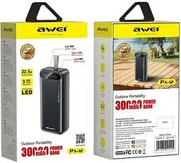 Повербанк Power Bank AWEI PA-12 портативна батарея швидка зарядка 22.5W 30 000 mAh Чорний - мініатюра 7
