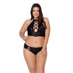 Комплект з екошкіри Passion NANCY BIKINI 4XL/5XL black, бра та трусики з імітацією шнурівки - мініатюра 1