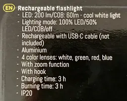 Ліхтар акумуляторний LED 200+60 лм з USB-C та кольоровими фільтрами 16х3.5 см Чорний - мініатюра 11