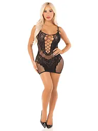 Еротична мінісукня Leg Avenue Lace and Net Mini Dress, Black, One Size, ажурна, відкрита спина - мініатюра 5