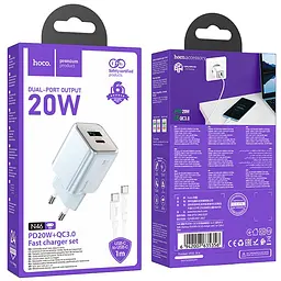 МЗП Hoco N46 Glorious PD20W+QC3.0 (1USB-A/1C) + кабель Type-C to Type-C Blue - мініатюра 6