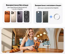 Магнітний тримач-кільце з підставкою для телефона UGREEN LP1022 двостороннє магнітне кріплення до пристрою та сталевих поверхонь сумісний із MagSafe з металевим кільцем для телефонів і чохлів без MagSafe обертання 360° та регульований нахил знімна конструкція сила зчеплення 60 Н із металевим кільцем чорний і темно-сірий із білим маркуванням (65301) - мініатюра 11