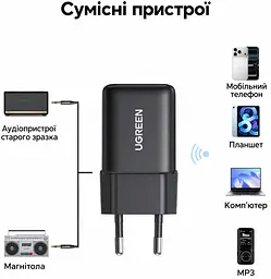 Бездротовий аудіоресивер для аудіосистеми UGREEN BT523 Bluetooth 6.0 аудіовихід 3,5 мм кодеки SBC AAC LDAC обраний кодек має підтримуватися аудіоджерелом дальність передавання 10 м без перешкод потребує живлення від розетки через вбудовану вилку перемикання відтворення між двома телефонами кабель AUX 3,5 мм ↔ 3,5 мм довжиною 1 м у комплекті чорний (65059) - мініатюра 2