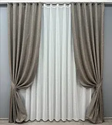 Комплект штор с тюлем VR-Textil Лен Мешковина, серый с белым, 2 шторы 100×270 см + тюль 300×270 см, арт. 71-029/1