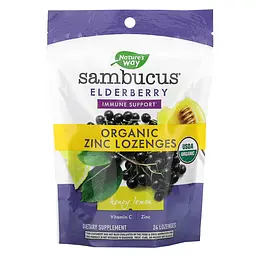 Екстракт бузини з цинком і вітаміном C Sambucus Organic Honey Lemon - 24 льодяники, мед та лимон