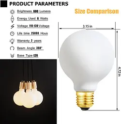 Світлодіодна лампа Leools G25/G80 Dimmable Flick-Free Matt 6W Матове скло CRI95 Теплий білий 600LM, 60W Еквівалент Вінтажна - мініатюра 2