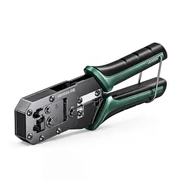 Обтискні кліщі для мережевого кабелю UGREEN NW136 Pro кримпер для штекерів 6P/8P з різанням та саморегульованим зняттям ізоляції для телефонних і мережевих штекерів категорій п’ять і шість та їхніх покращених версій не для екранованих штекерів із затискачем «ластівчин хвіст» для зняття ізоляції з круглих кабелів діаметром до 8 мм і з плоских кабелів з кільцем фіксації губок з механізмом зменшення зусилля м’які протиковзні руків’я TPE лезо 33 мм чорні (85949)