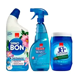 Набір Sano Гель для чищення унітазів Sanobon Gel Lotus, Універсальний засіб Clear для стекол та поверхонь, Універсальний гель Jet+ Gel з олією сосни (352153, 425646, 993277)