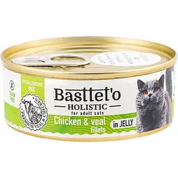 Вологий корм для котів Basttet'o Holistic  Шматочки філе  курки  та телятини в желе для котів 85 г