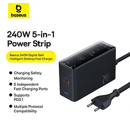 Зарядний пристрій Baseus Digital GaN Intelligent Desktop Fast Charger 240W (3xType+C+USB+DC) (With Cable DC to DC black (P10163901113-00) - мініатюра 6