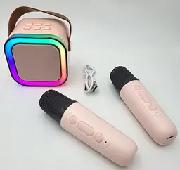 Дитяче міні караоке портативна Bluetooth колонка з 2 бездротовими мікрофонами та LED RGB підсвічуванням функція зміни голосу UKC K12 рожевий