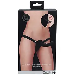 Страпон з подвійним дилдо Ouch! Dual Silicone Ribbed Strap-On, регульований, чорний - мініатюра 3