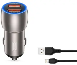 Автомобільний зарядний пристрій XO CC52 Metal double USB QC&PD3.0 36W 3A with Lightning cable Tarnish