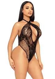 Мереживне тедді Leg Avenue Lace and net halter teddy One size Black глибокий виріз халтер - мініатюра 4