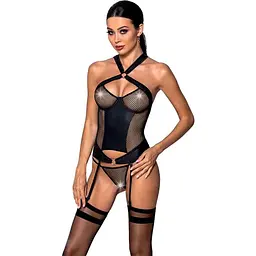 Сітчастий комплект корсет з халтером знімні підв'язки та трусики Passion Amanda CorSet black L/XL