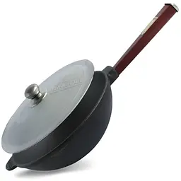 Сковорода чавунна Brizoll з дерев`яною ручкою Бордо та алюмінієвою кришкою WOK 2,2 л