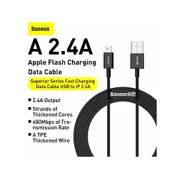 Дата кабель USB 2.0 AM to Lightning 1.0m 2.4A Superior Series Black Baseus (CALYS-A01) - мініатюра 6