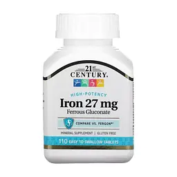 Витамин 21st Century Железо Высокоэффективное, 27 мг, High-Potency Iron, 110 таблеток (CEN-22690)