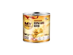 Консервований корм для котів Мій чемпіон Консерва 415г шматочки з Куркою та Індичкою