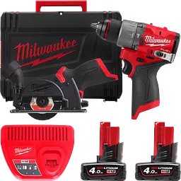Набір акумуляторних інструментів M12FPP2G2-402X MILWAUKEE (дриль-шурупокрут M12 FUEL FPD2-0, шліфмашина відрізна M12 FUEL FCOT-0
