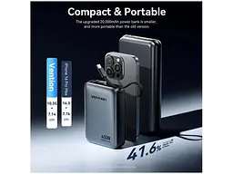 Зовнішній акумулятор (Power Bank) Vention 20000mAh 45W Mini with Built-in USB-C Gray (FHGH0) - мініатюра 5