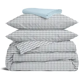 Комплект постільної білизни Cosas євро з простирадлом на резинці HOUNDSTOOTH CS7 200 x 220 см (TweedGreyWhite_El-58LightBlue_200)