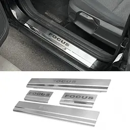 Накладки на пороги для Ford Focus II 2004-2010 Нержавіюча сталь із загином та Логотипом 4 шт (Premium P-FO11)