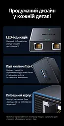 Мережевий розгалужувач UGREEN NW301 Ethernet-сплітер 1 вхід RJ45 і 2 виходи RJ45 одночасне підключення двох дротових пристроїв до спільної мережі 100 Мбіт/с для роботи потрібне живлення 5 В через USB-C не потребує налаштування індикатори живлення та мережевого з’єднання кабель живлення з роз’ємами USB-A і USB-C довжиною 0,5 м у комплекті темно-графітовий корпус зі сріблястими обрамленнями портів (35597) - мініатюра 3