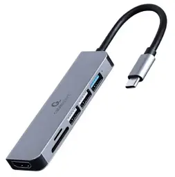 Хаб USB Cablexpert "6-in-1", Grey, Type-C 3.1 - 1xUSB 3.1 / 2xUSB 2.0 / HDMI 4K / microSD / SD, кабель 12 см, алюмінієвий корпус (A-CM-COMBO6-02)