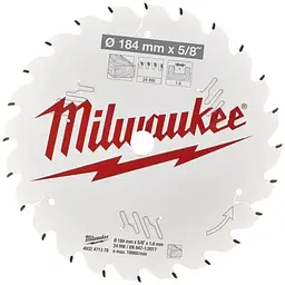 Диск пиляльний по дереву PFTE MILWAUKEE, діаметр 184х5/8"х1,6мм, 24 зуб.
