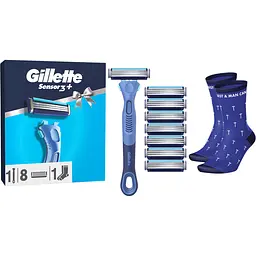 Подарунковий набір Gillette: станок для гоління чоловічий Gillette Sensor3+ Comfort з 8 змінними картриджами + шкарпетки