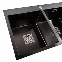 Кухонна мийка Platinum Handmade PVD HDB чорна 780x480x230 на дві чаші (квадратний сифон,3.0/1.0), Чорний - мініатюра 4